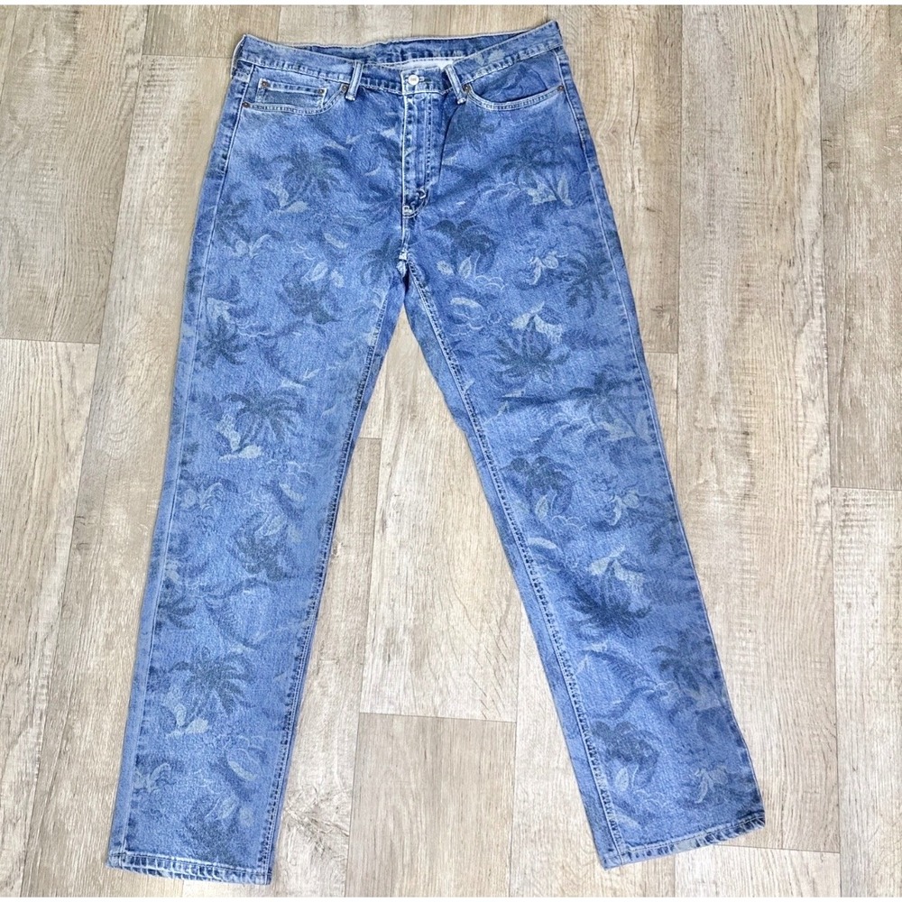 Levis 541 Athletic Taper Jeans Mens 37x34 Blue Palm Tree Tropical Print Denim